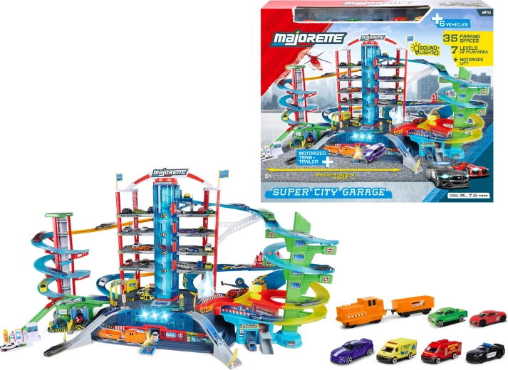 Majorette Super City Garage septynių aukštų garažas su 6 automobiliais ir traukinuku