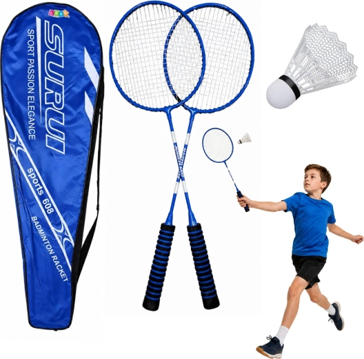 Badminton set – 2 rackets, plastic shuttlecock and case (blue)