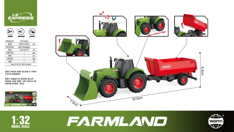 Green tractor with red trailer, lights and sound 1:32