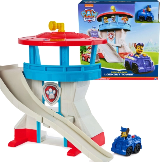 Paw Patrol stebėjimo bokštas su nusileidimo trasa ir Chase automobiliu iš Spin Master