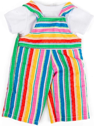 Bigjigs Toys vaivorykštės spalvų dryžuotos kelnės su seilinuku ir balti marškinėliai lėlei 28 cm