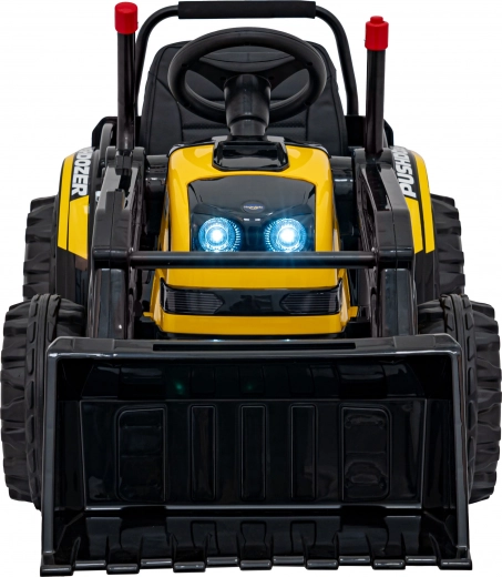Kids' electric bulldozer with bucket, 12 V, remote control, smooth start, FM radio and LED – yellow