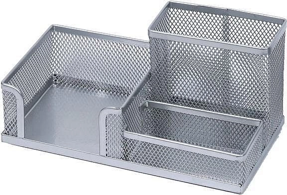 Metal desk organizer with pencil holder and memo cube, silver