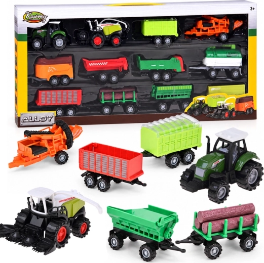 Set of agricultural vehicles with tractor, combine harvester and trailers – 12 pieces