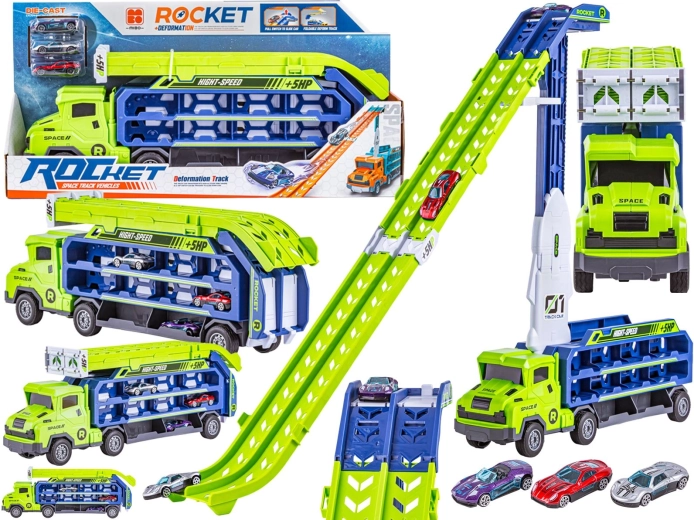 Transporteris su paleidimo rampа – sunkvežimis ir 3 automobiliukai