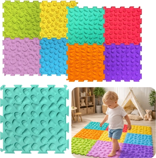 Sensorinis dėlionės kilimėlis – spalvotos tekstūrinės plytelės 24,5 cm, rinkinys 10 vnt.