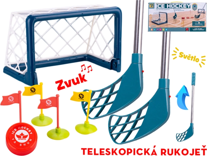 Vaikiškas ledo ritulio rinkinys su vartais, teleskopinėmis lazdomis ir šviesos efektais