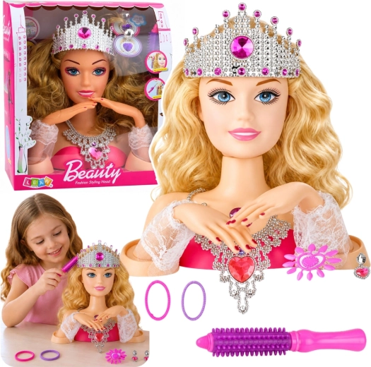 Doll head for hair combing and styling with accessories