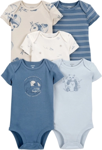 Carter’s kūdikio smėlinukai trumpomis rankovėmis Blue Panda/Airplane berniukams, 5 vnt., dydis 56