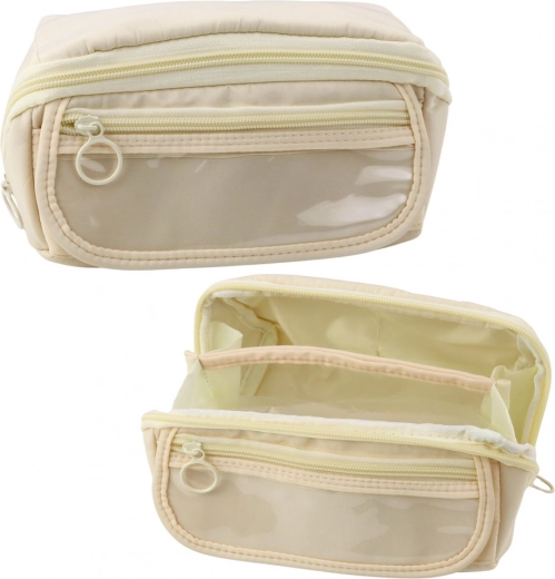 Cream Folding Pencil Case with Transparent Pocket