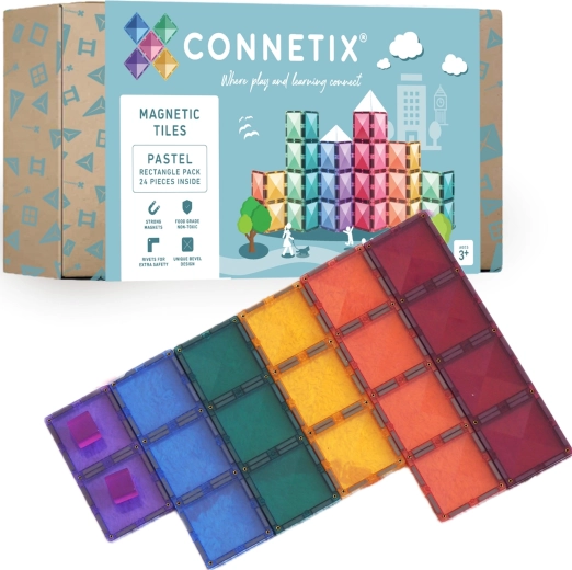 Connetix pastelinių spalvų stačiakampiai – magnetinės konstravimo detalės, 24 vnt.