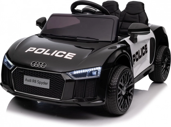 Vaikiškas policijos elektromobilis AUDI R8, maitinamas baterija, su nuotolinio valdymo pultu, EVA ratais, sklandžiu pajudėjimu, MP3 ir LED