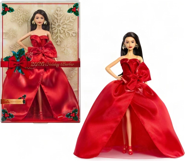Mattel Barbie Signature kalėdinė kolekcinė lėlė 2026 tamsiaplaukė raudonoje suknelėje