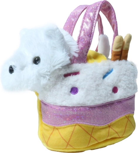 Plush white dog in an ice cream handbag 15 cm