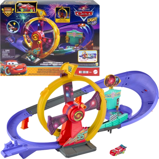 Mattel Disney Pixar „Cars“ lenktynių trasa „Išvykimo šventė“ su šviečiančiu Žaibu Makvynu
