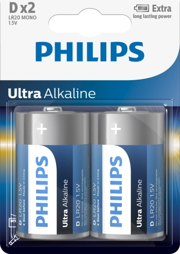 Philips Ultra Alkaline D (LR20) baterijos, 1,5 V – 2 vnt.