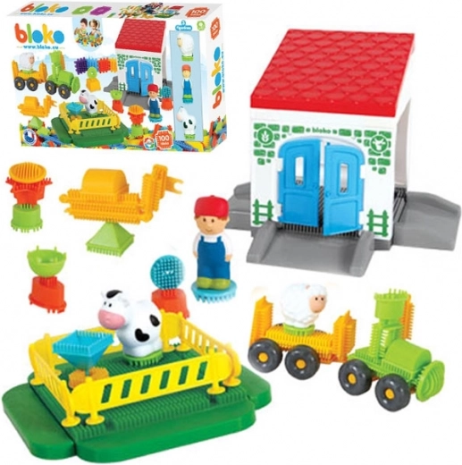 Mochtoys Pin Bricks kaladėlės Ūkis dėžėje 100 vnt. + 3 figūrėlės