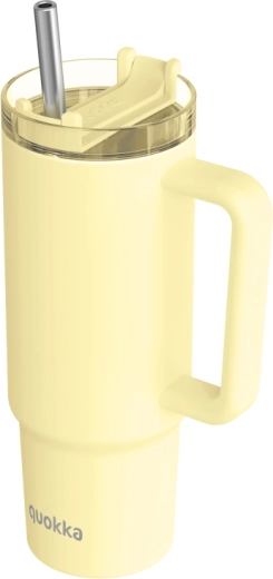 Nerūdijančio plieno termo puodelis Quokka Vibe pastelinės geltonos spalvos (Drop Safe) su nerūdijančio plieno šiaudeliu 880 ml