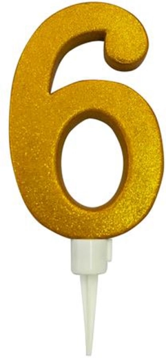 Tortinė žvakutė skaičius 6, auksinė, 16 cm