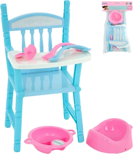 High chair for a doll with an accessory set (potty, pacifier, tableware)