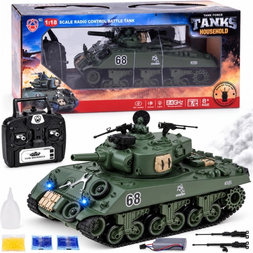 Nuotoliniu būdu valdomas tankas Sherman M4A3 su 2,4 GHz pultu, šaudymu, dūmais ir garsu, 36 cm