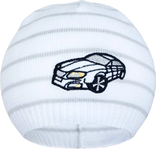 Pavasarinė megzta kepurė New Baby su automobiliuku balta / šviesiai pilka
