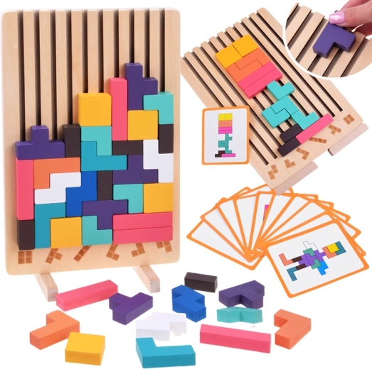 Wooden logic puzzle Tetris with colorful pieces