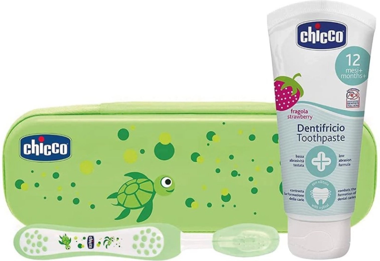 Chicco dantų šepetėlio ir fluoro pastos rinkinys dėkle Always Smiling, žalias, 12 mėn.+