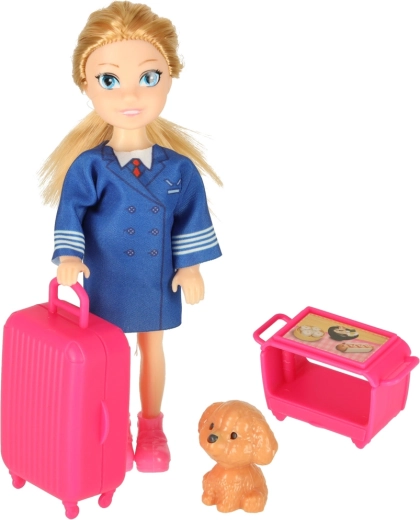 Flight attendant, suitcase and dog included