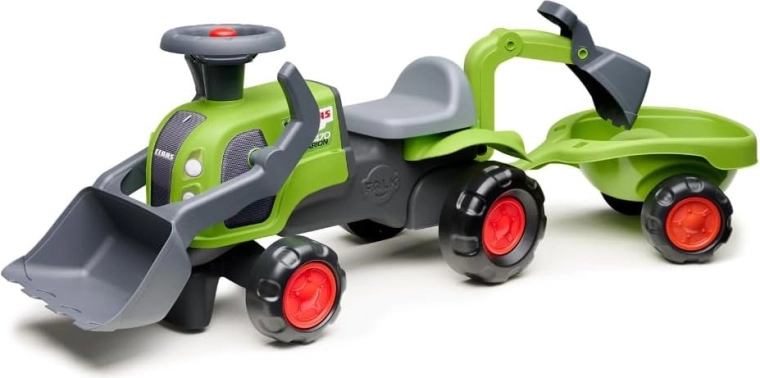FALK CLAAS ride-on tractor with front loader, rear excavator arm and trailer
