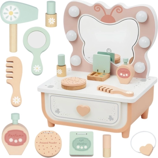 Medinė tualetinė su drugelio formos veidrodžiu ir šviesomis + kosmetikos priedai TOOKY TOY