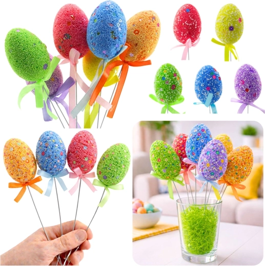Easter eggs on wire with colorful patterns and ribbon - 6 pcs