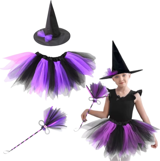 Children's witch costume with hat, tutu skirt and wand – purple‑black