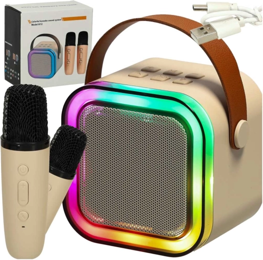Karaokės rinkinys su „Bluetooth“ garsiakalbiu, 2 mikrofonais ir LED apšvietimu 6 W – smėlinis