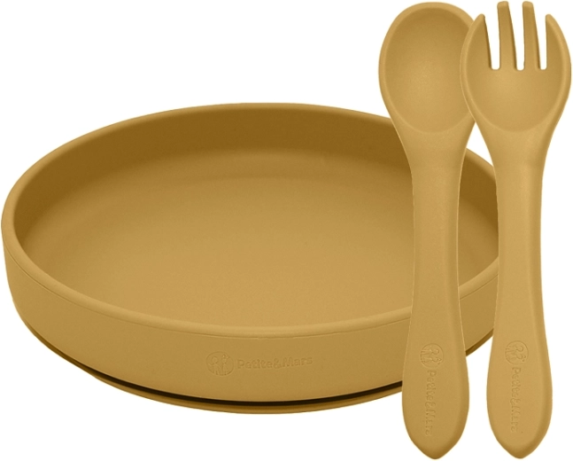 Petite&Mars silicone feeding set Take&Match plate and cutlery intense ochre 6m+