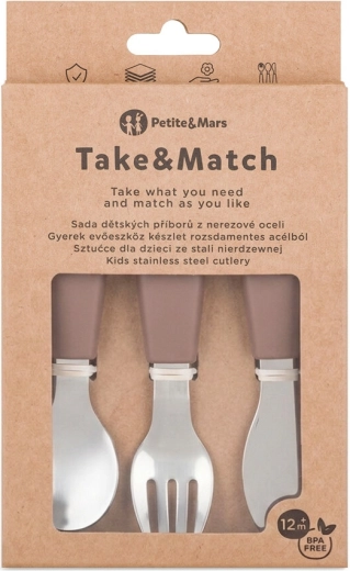 Petite&Mars nerūdijančio plieno vaikiškų stalo įrankių rinkinys Take&Match Velvet latte 12m+