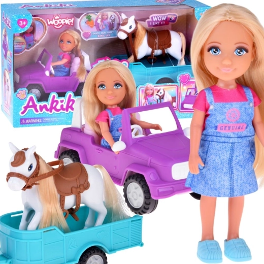 Woopie doll Niki with horse, car and trailer