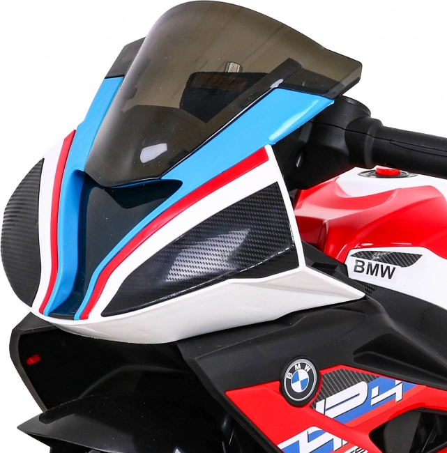 Vaikiškas elektrinis motociklas BMW HP4, raudonas, 3 ratai, LED žibintai, MP3/USB, sėdynė iš eko odos
