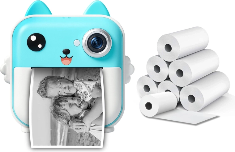 Children's Camera with Instant Thermal Printing and 6 Rolls of Paper – Blue