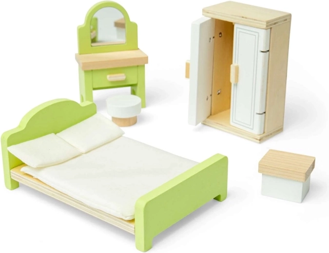 Bigjigs Toys medinis miegamojo komplektas lėlių nameliui