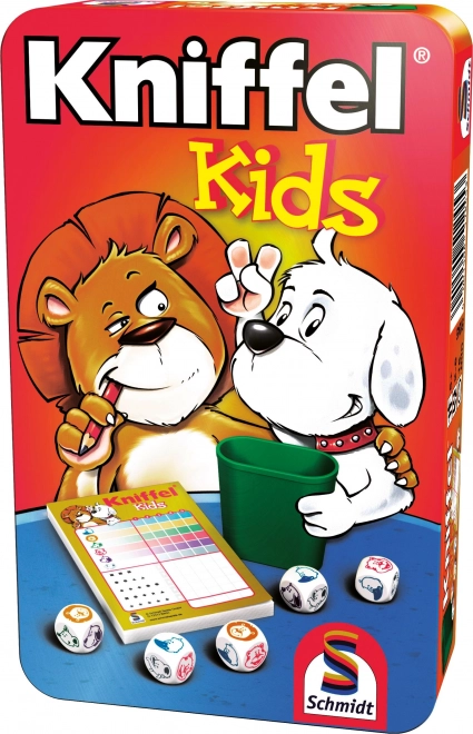 Kniffel Kids dice game in a tin box