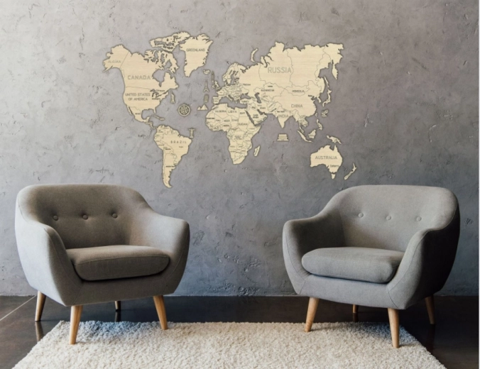 Wooden Wall-Mounted 3D World Map XXL Natural Color