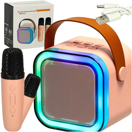 Karaoke set with Bluetooth speaker, 2 wireless microphones and 6 W LED lighting – pink