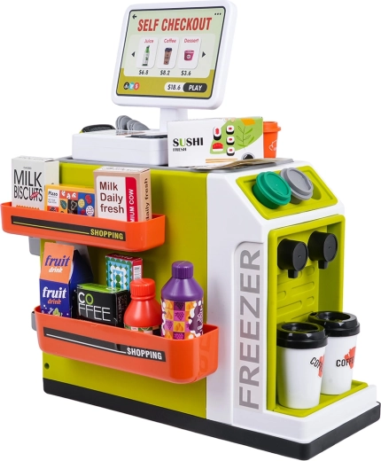 Kids' mini supermarket with accessories and self-checkout register