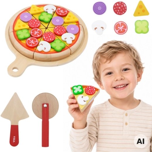 Viga wooden pizza set for cutting and serving for kids, 27 pieces, 18m+