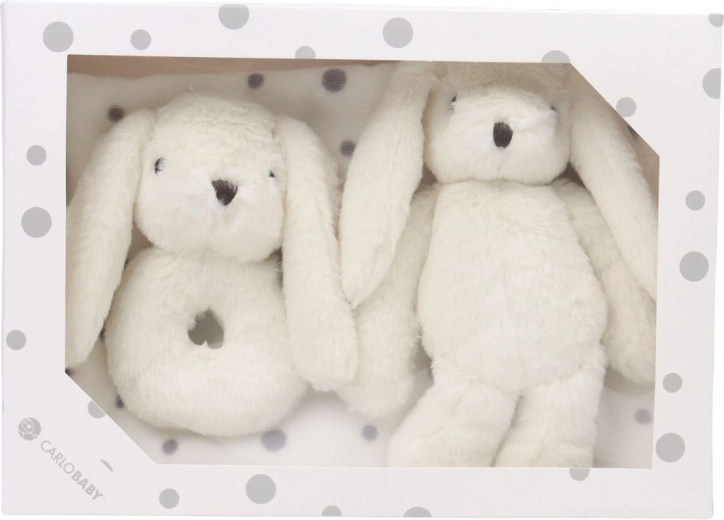 Carlo Baby gift set for a baby with a bunny, rattle and blanket, white