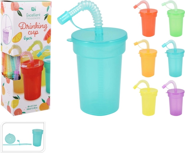 Plastikiniai puodeliai su dangteliu ir šiaudeliu 380 ml, spalvų miksas, 6 vnt. rinkinys