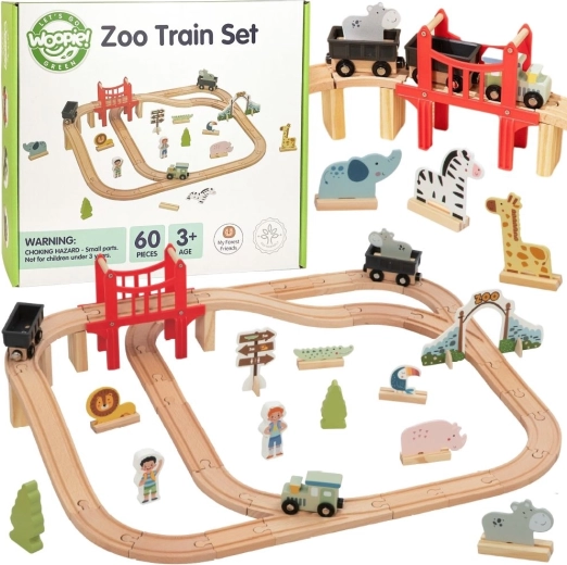 Woopie Green medinis traukinio bėgių rinkinys zoo XL – magnetinis traukinys, tiltas ir 60 dalių, FSC