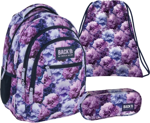 Mokyklinis rinkinys BackUP Violet Flowers 3in1 – kuprinė, penalas ir maišelis