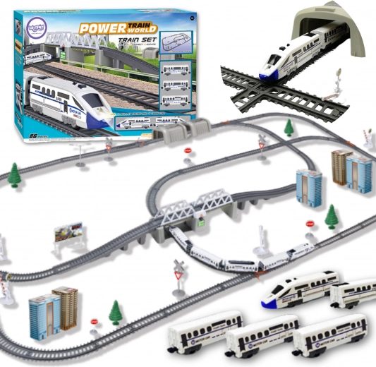 Woopie elektrinis traukinio bėgių rinkinys su tiltu ir tuneliu, 86 dalys, trasa 9,14 m